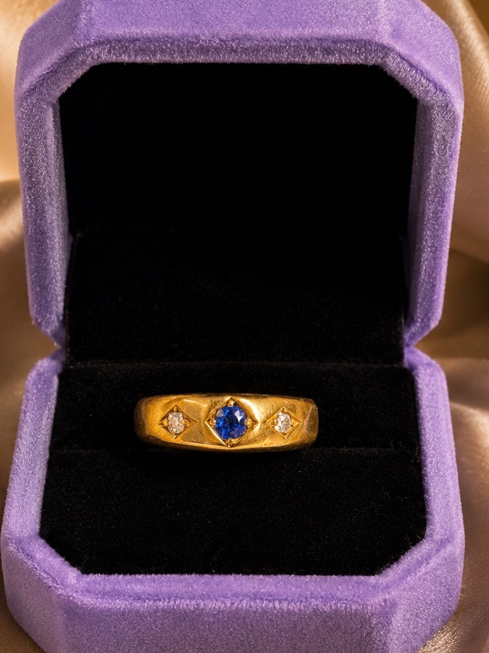 Antique Sapphire & Diamond Gypsy Band Ring – 18ct Gold, 3.2g sapphire ring 18k